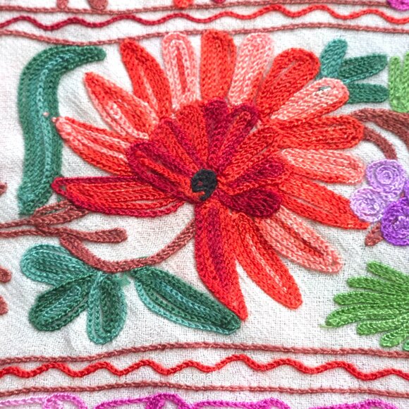 Wool Scarf With Colorful Chain Stitch Embroidery Flowers Vines - Picture 12 of 16